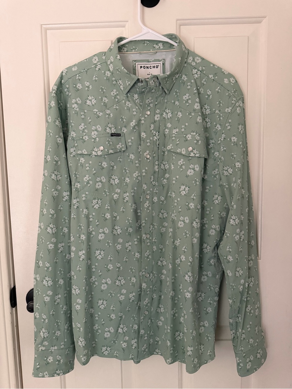 PONCHO THE WILD BILL WESTERN Men’s Long Sleeve Shirt L (Green Daisy Floral)